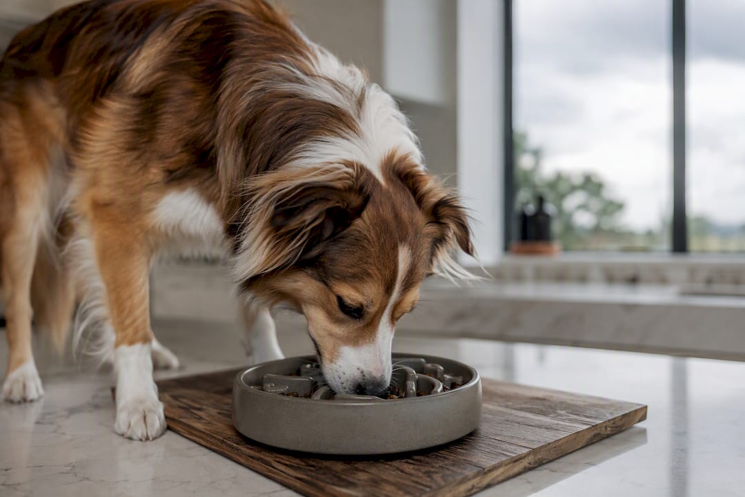 Hund spiser langsomt fra en langsomfodringsskål