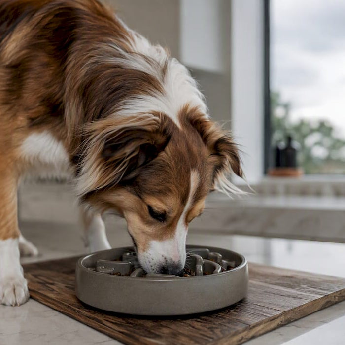 Hund spiser langsomt fra en langsomfodringsskål