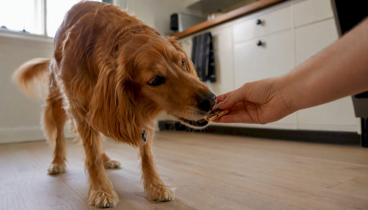 Hund spiser fiskebaseret godbid fra hånden