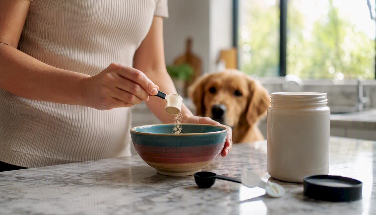 Hænder hælder hundetilskudspulver i skål