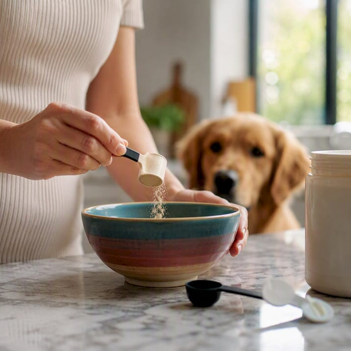 Hænder hælder hundetilskudspulver i skål