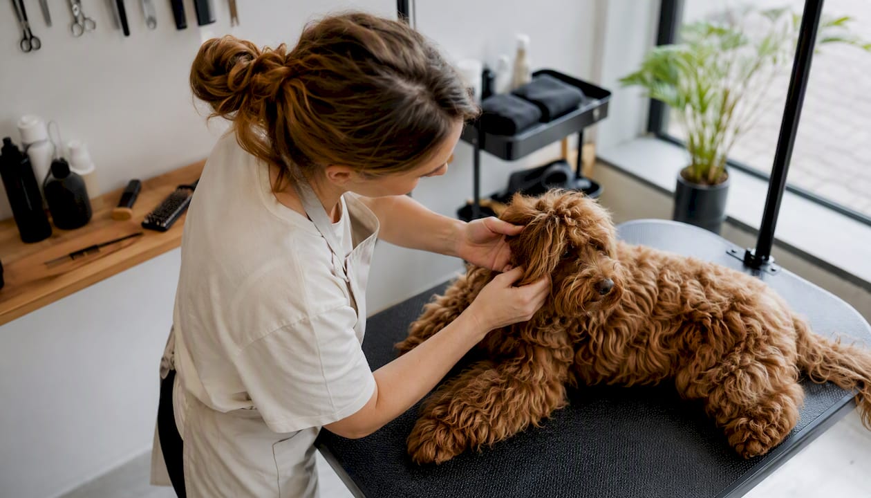 Hundefrisør tjekker hundens pelses sundhed