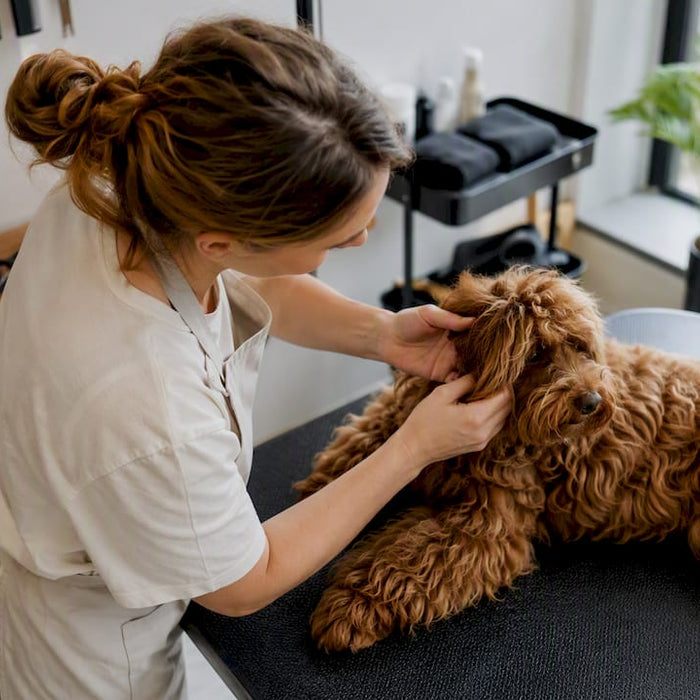 Hundefrisør tjekker hundens pelses sundhed