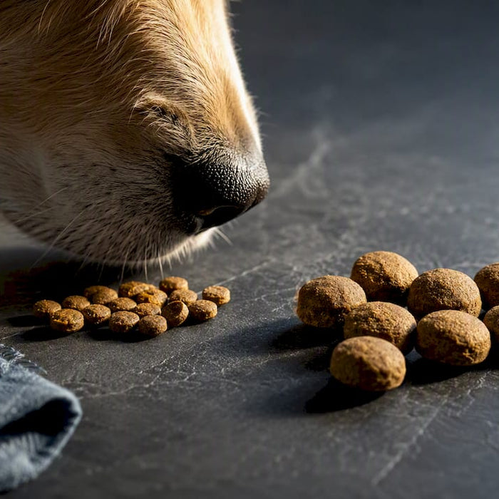 Hund undersøger tørfoderkugler i varierende størrelser