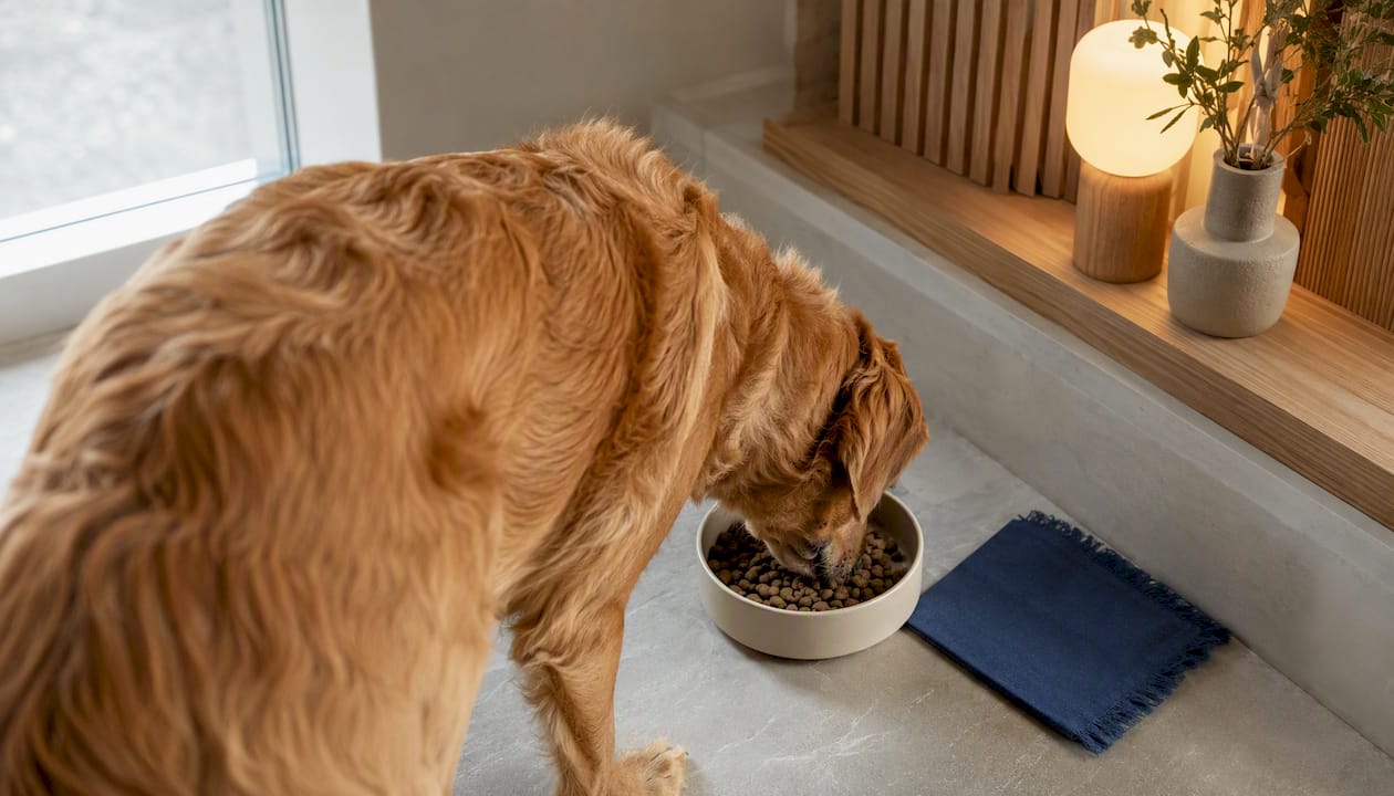 Hund spiser af en skål med afmålt foder