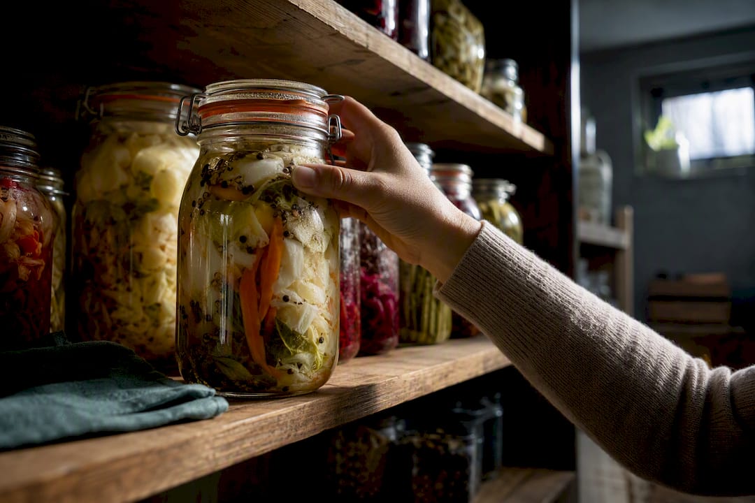 Glasglas med grøntsager konserveret på naturlig vis
