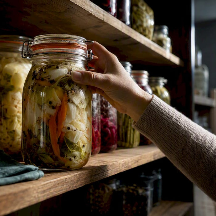 Glasglas med grøntsager konserveret på naturlig vis