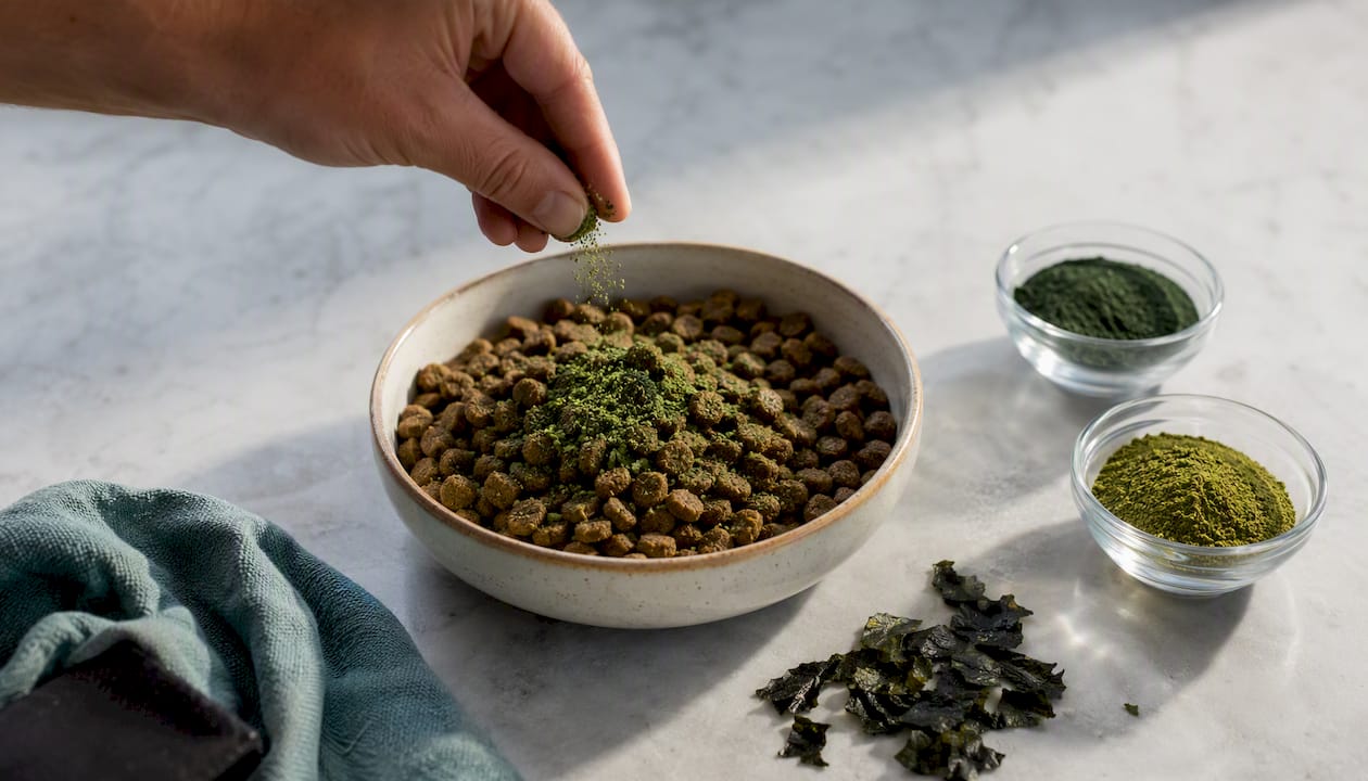 Spirulinapulver drysses over hundemad