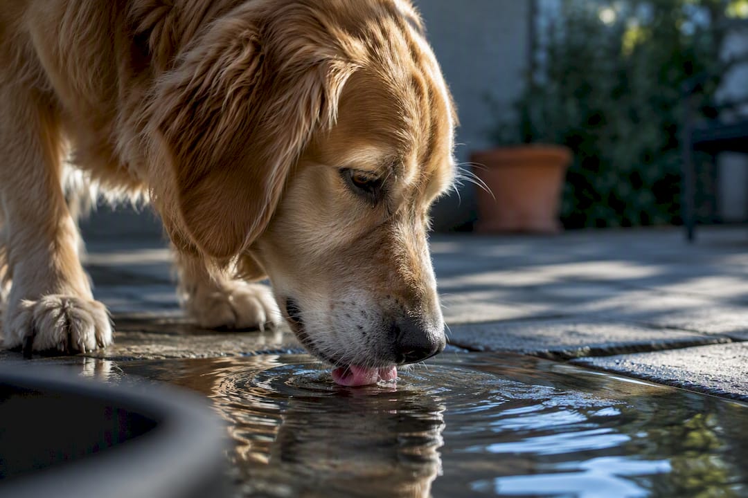 Hund drikker ivrigt af en vandpyt