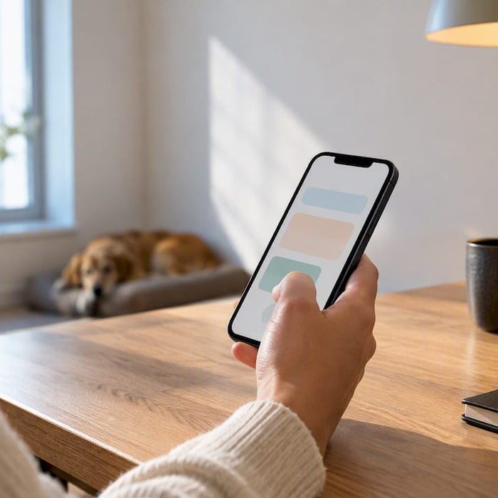 Hundeejer gennemfører checkout på mobilen