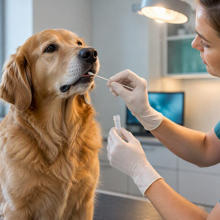 Dyrlægen tager en DNA-prøve fra hunden