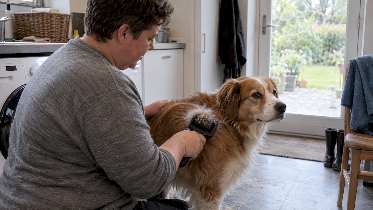 Hunden bliver børstet i fældningsperioden