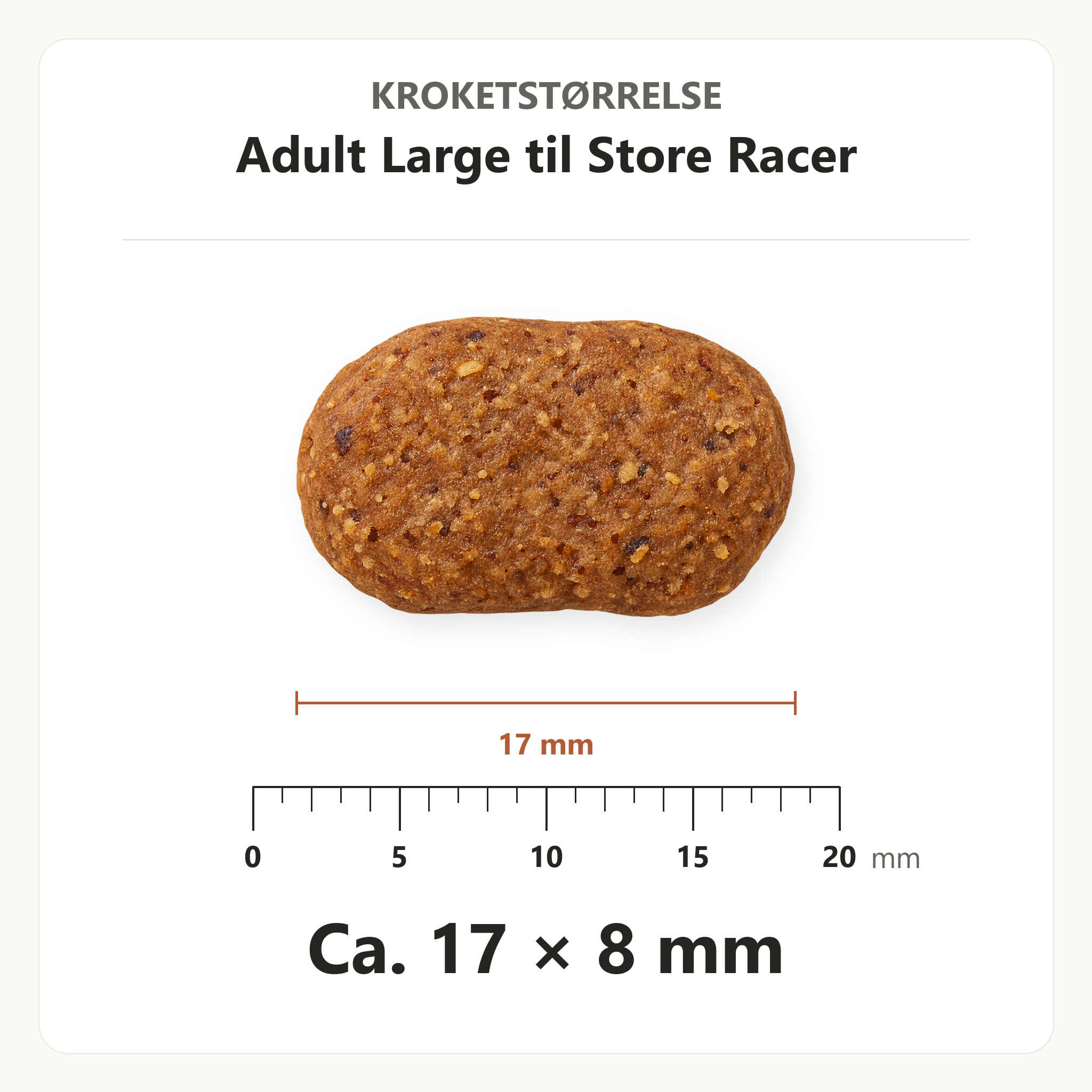 Kroketstørrelse for Dr. Clauder's Adult Large til Store Racer: ca. 17 × 8 mm vist ved en mm-lineal.