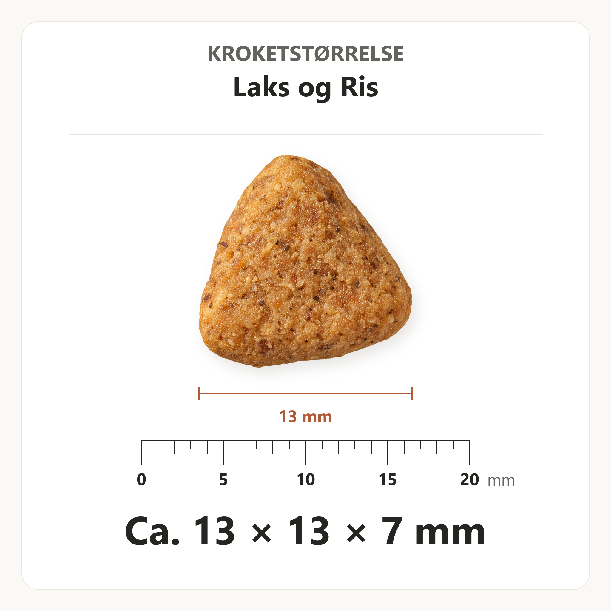 Kroketstørrelse for Dr. Clauder's Laks og Ris: ca. 13 × 13 × 7 mm vist ved en mm-lineal.