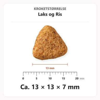 Kroketstørrelse for Dr. Clauder's Laks og Ris: ca. 13 × 13 × 7 mm vist ved en mm-lineal.