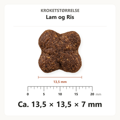Kroketstørrelse for Dr. Clauder's Lam og Ris: ca. 13,5 × 13,5 × 7 mm vist ved en mm-lineal.