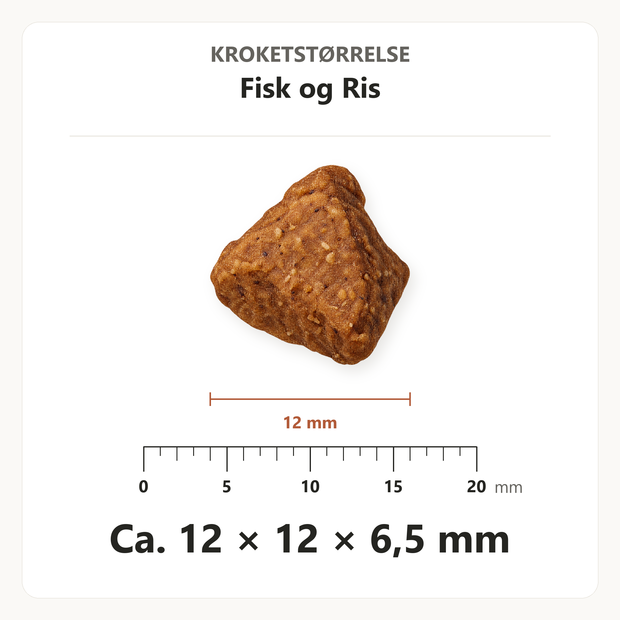 Kroketstørrelse for Dr. Clauder's Fisk og Ris: ca. 12 × 12 × 6,5 mm vist ved en mm-lineal.