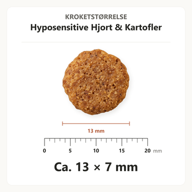 Kroketstørrelse for Dr. Clauder's Hyposensitive Hjort & Kartofler: ca. 13 × 7 mm vist ved en mm-lineal.