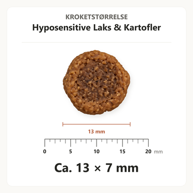 Kroketstørrelse for Dr. Clauder's Hyposensitive Laks & Kartofler: ca. 13 × 7 mm vist ved en mm-lineal.