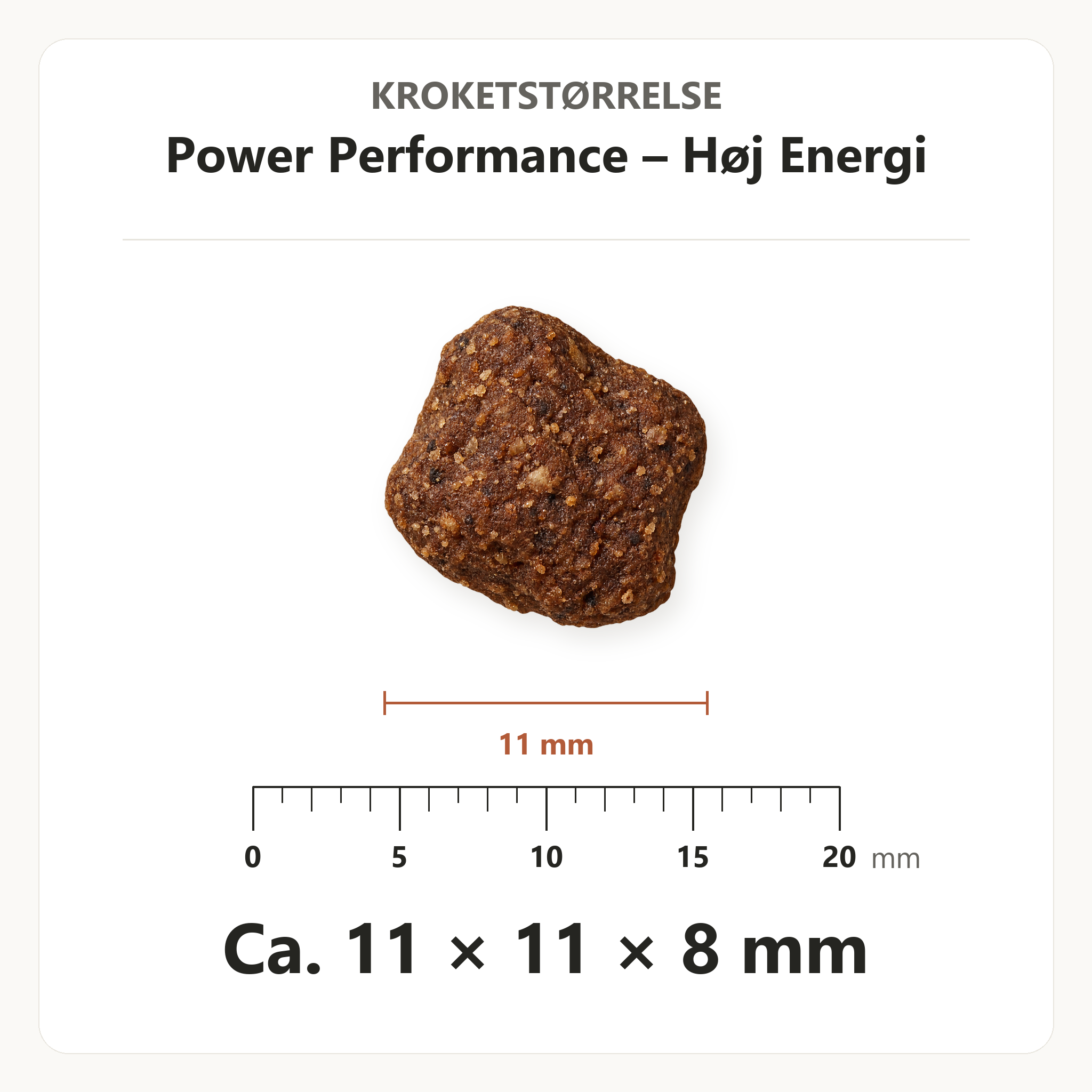 Kroketstørrelse for Dr. Clauder's Power Performance – Høj Energi: ca. 11 × 11 × 8 mm vist ved en mm-lineal.