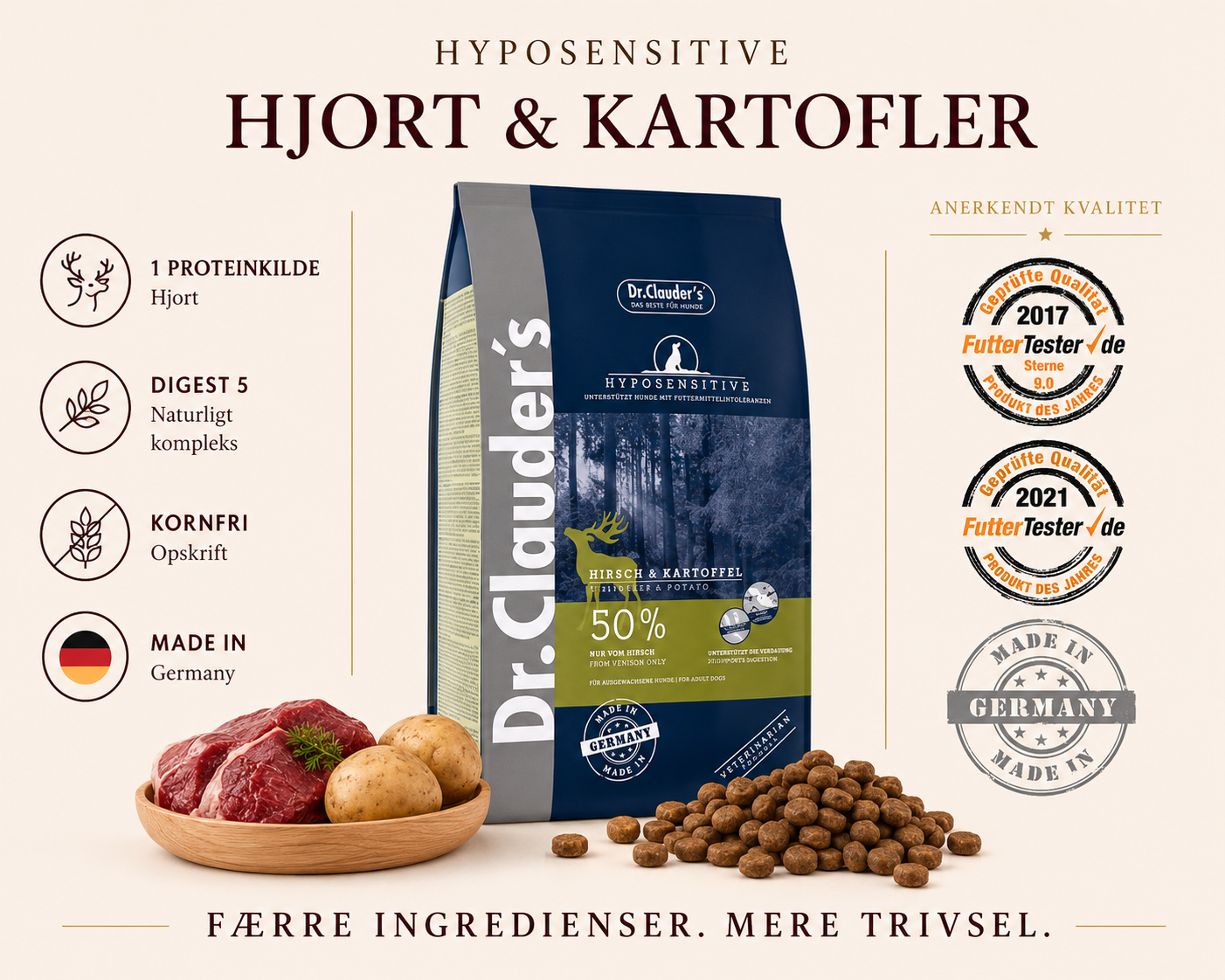 Hypoallergent Hundefoder med Hjort | Kornfri & Sensitiv | Dr. Clauder's