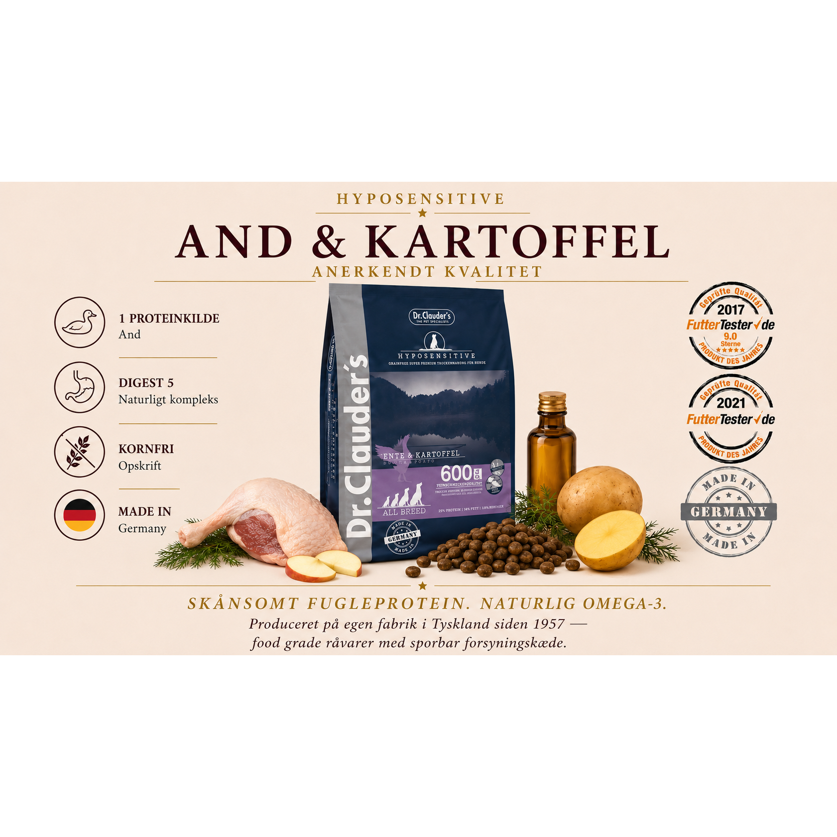 11,5kg And & Kartofler | Kornfrit Hypoallergenic Hundefoder | Dr.Clauder's Tørfoder