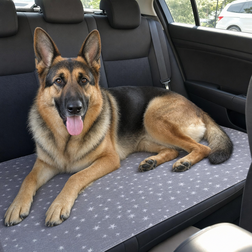 Schæferhund på fladt gråt tisseunderlag i bil