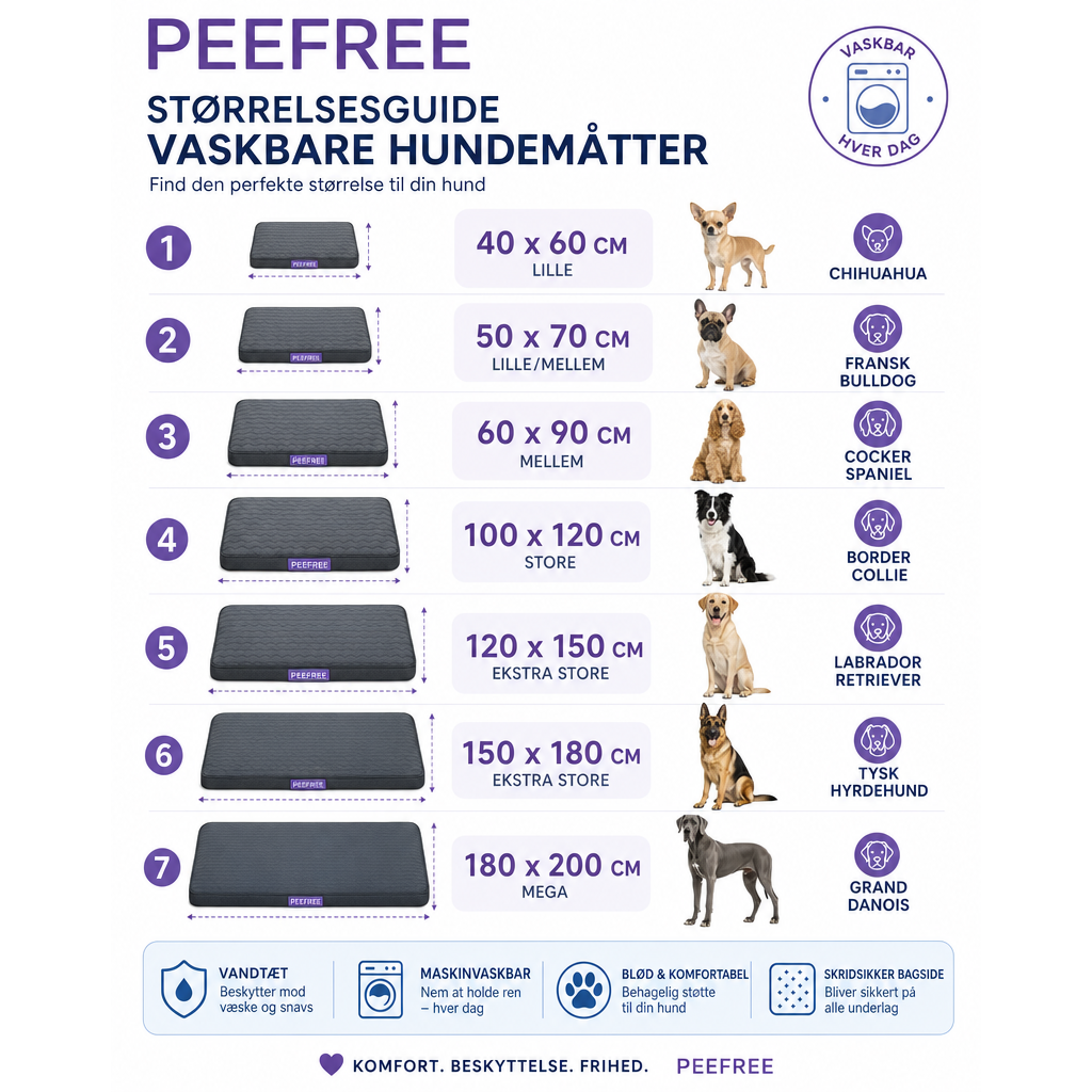 Størrelsesguide – PeeFree tisseunderlag med hunderacer