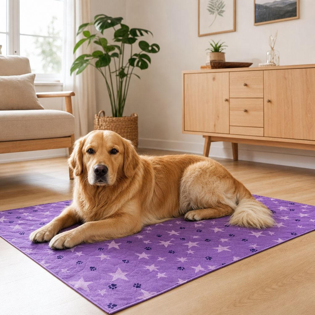 Golden retriever ligger på fladt lilla PeeFree tisseunderlag på gulv